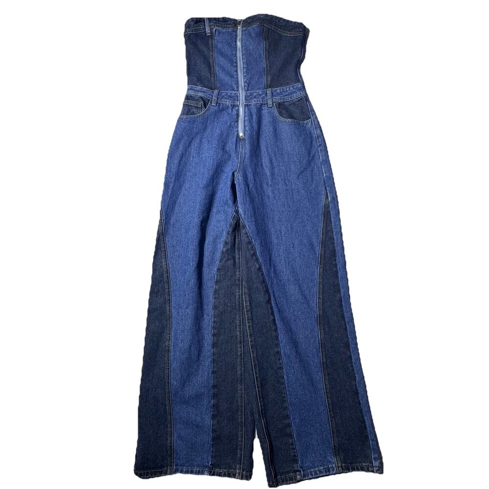 Nasty Gal Denim Wide Leg Strapless Jumpsuit Romper Jeans US 8 UK 12 Boho